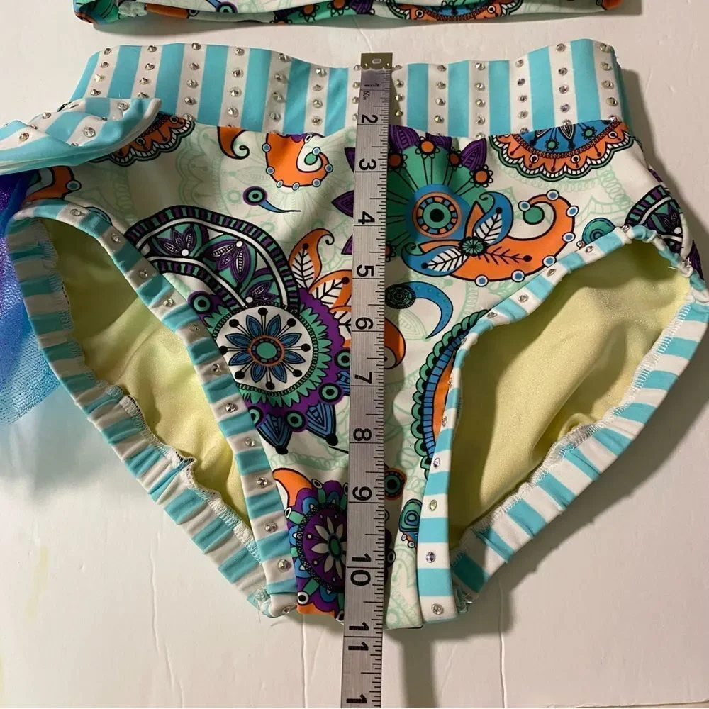 Custom solo rhinestoned bling dance costume 2 piece Paisley retro LC-large child